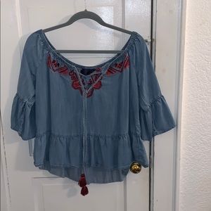 Off the shoulder, denim shirt
